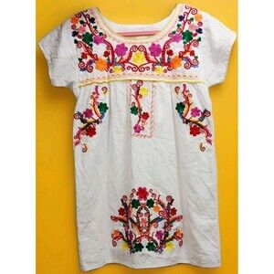 Boho Embroidered Peasant Dress Women’s S White Floral Festival Hippie Cotton
